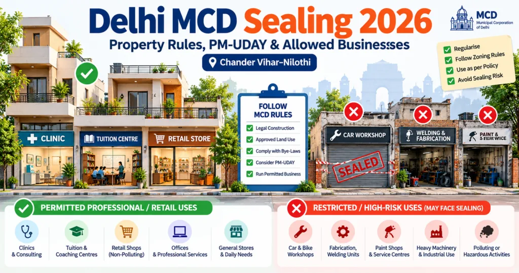 Delhi MCD Sealing 2026 guide showing residential property, sealed commercial shops and Chander Vihar Nilothi rules