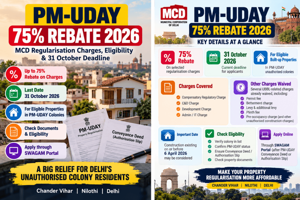 PM UDAY 75% rebate 2026 for MCD property regularisation in Delhi