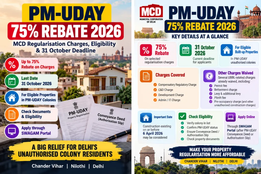 PM UDAY 75% rebate 2026 for MCD property regularisation in Delhi