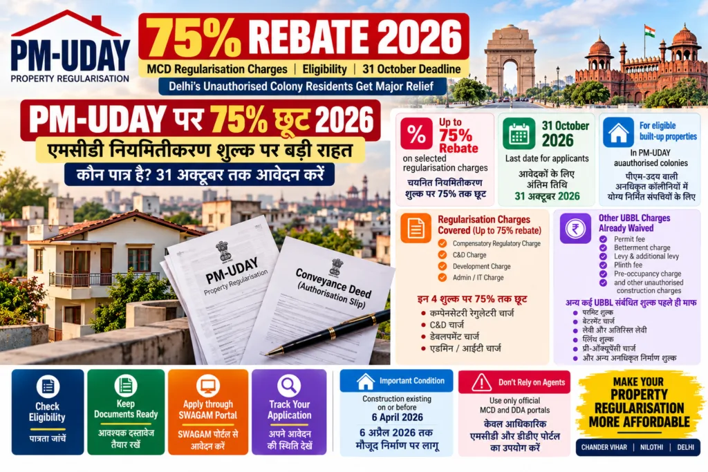 PM-UDAY 75% rebate 2026 Hindi guide for Chander Vihar and Nilothi property regularisation in Delhi